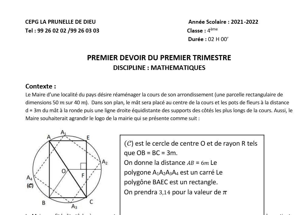Aperçu de la première page — 4e Mathématiques 1er Devoir 1er Trimestre CPEG La Prunelle de Dieu 2021 2022
