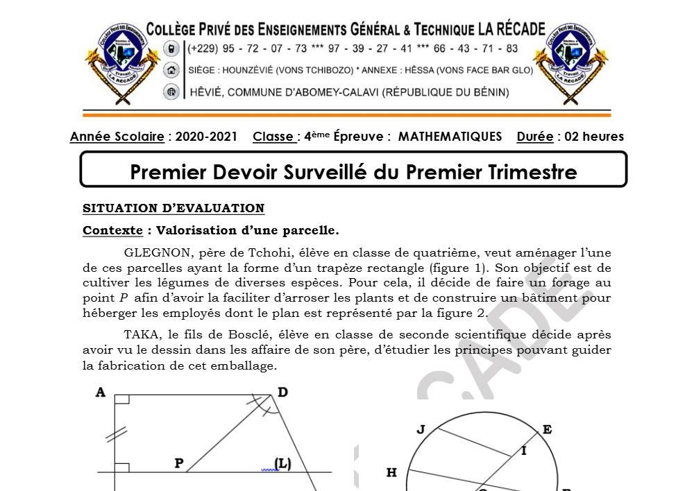 Aperçu de la première page — 4e Mathématiques 1er Devoir 1er Trimestre CPEG La Recade 2020 2021