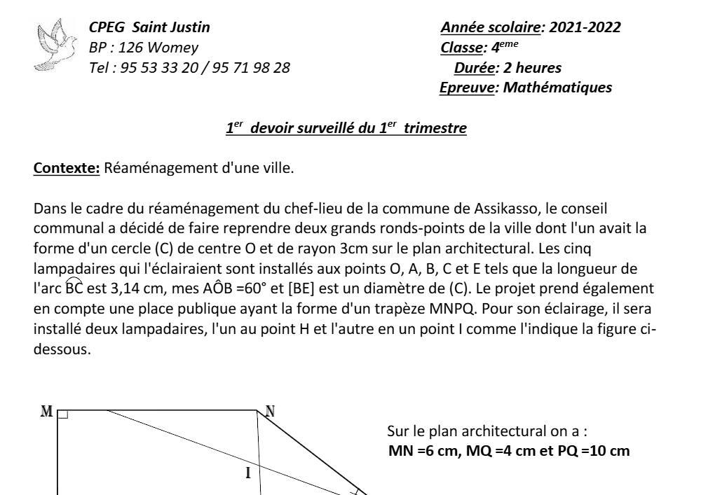 Aperçu de la première page — 4e Mathématiques 1er Devoir 1er Trimestre CPEG Saint Justin 2021 2022 (2)