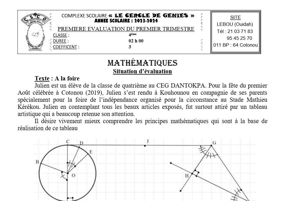 Aperçu de la première page — 4e Mathématiques 1er Devoir 1er Trimestre CP Le Cercle de Genies 2023 2024