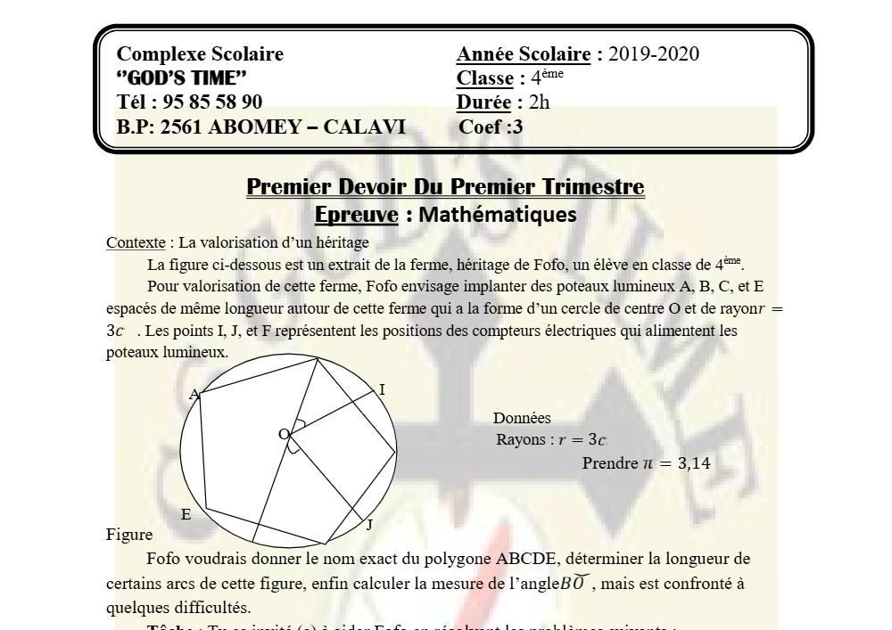 Aperçu de la première page — 4e Mathématiques 1er Devoir 1er Trimestre CS God'S Time 2019 2020