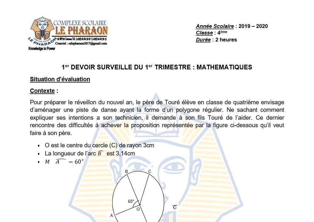 Aperçu de la première page — 4e Mathématiques 1er Devoir 1er Trimestre CS Le Pharaon 2019 2020
