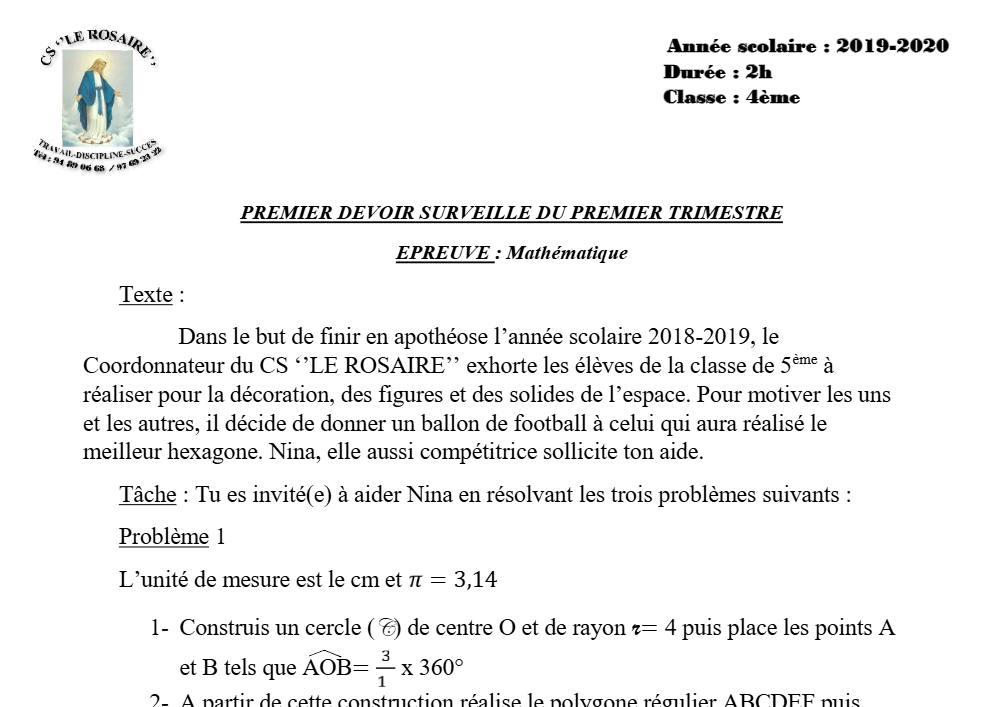 Aperçu de la première page — 4e Mathématiques 1er Devoir 1er Trimestre CS Le Rosaire 2019 2020