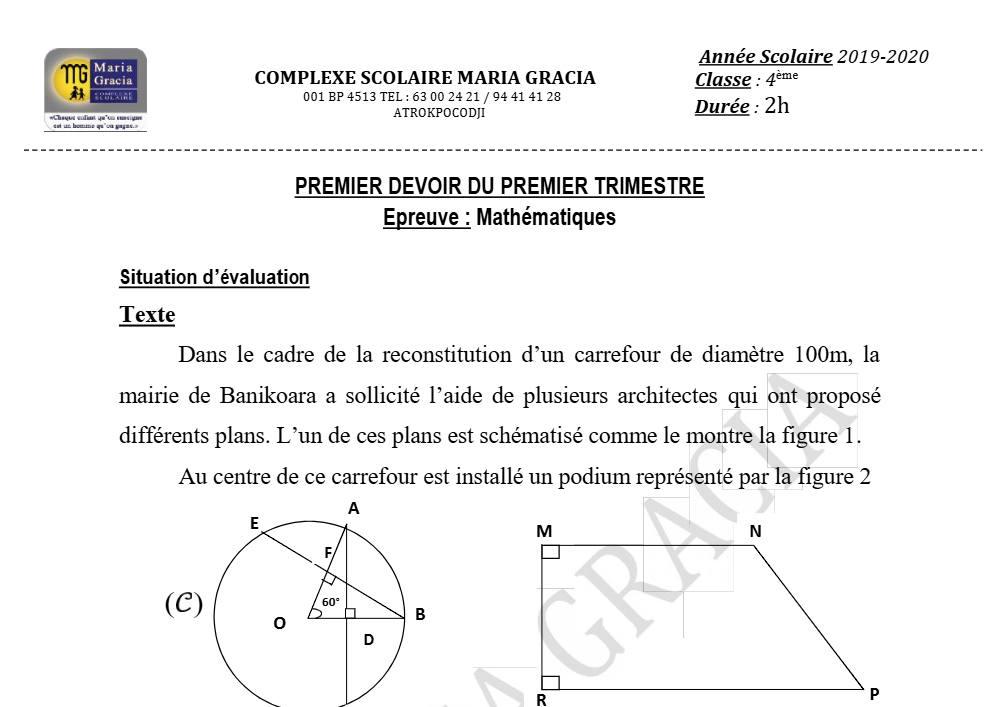 Aperçu de la première page — 4e Mathématiques 1er Devoir 1er Trimestre CS Maria Gracia 2019 2020