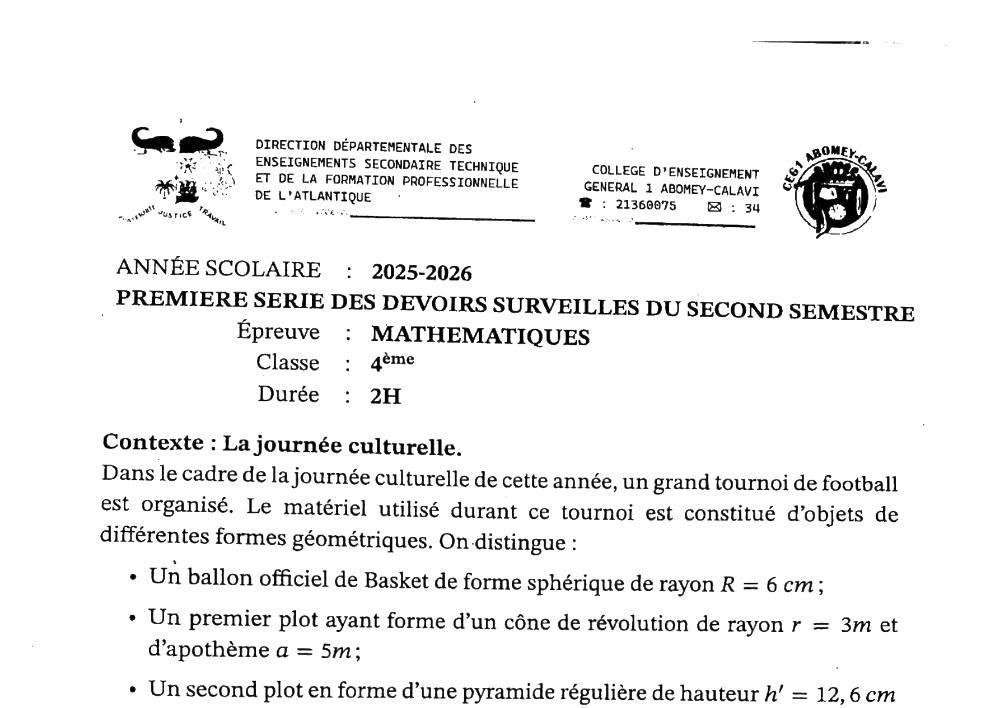 Aperçu de la première page — 4e Mathématiques 1er Devoir 2ème Semestre CEG 1 Abomey Calavi 2025 2026