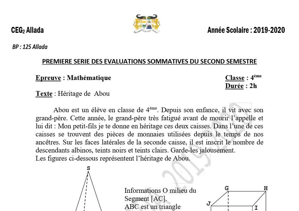 Aperçu de la première page — 4e Mathématiques 1er Devoir 2ème Semestre CEG2 Allada 2019 2020