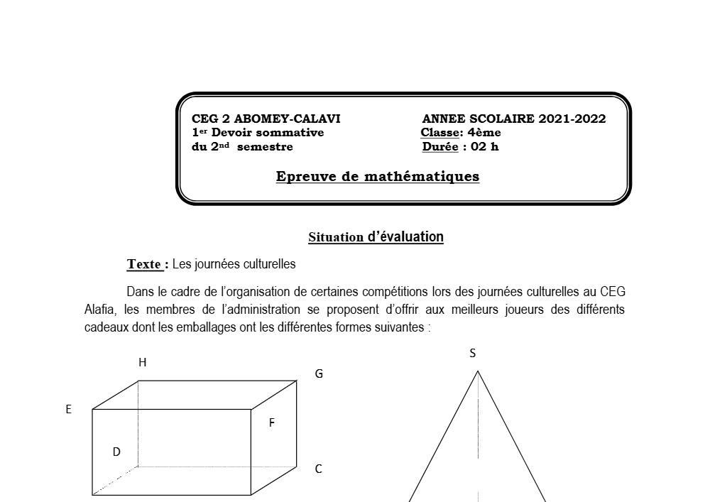 Aperçu de la première page — 4e Mathématiques 1er Devoir 2ème Semestre CEG2 Bomey Calavi 2021 2022