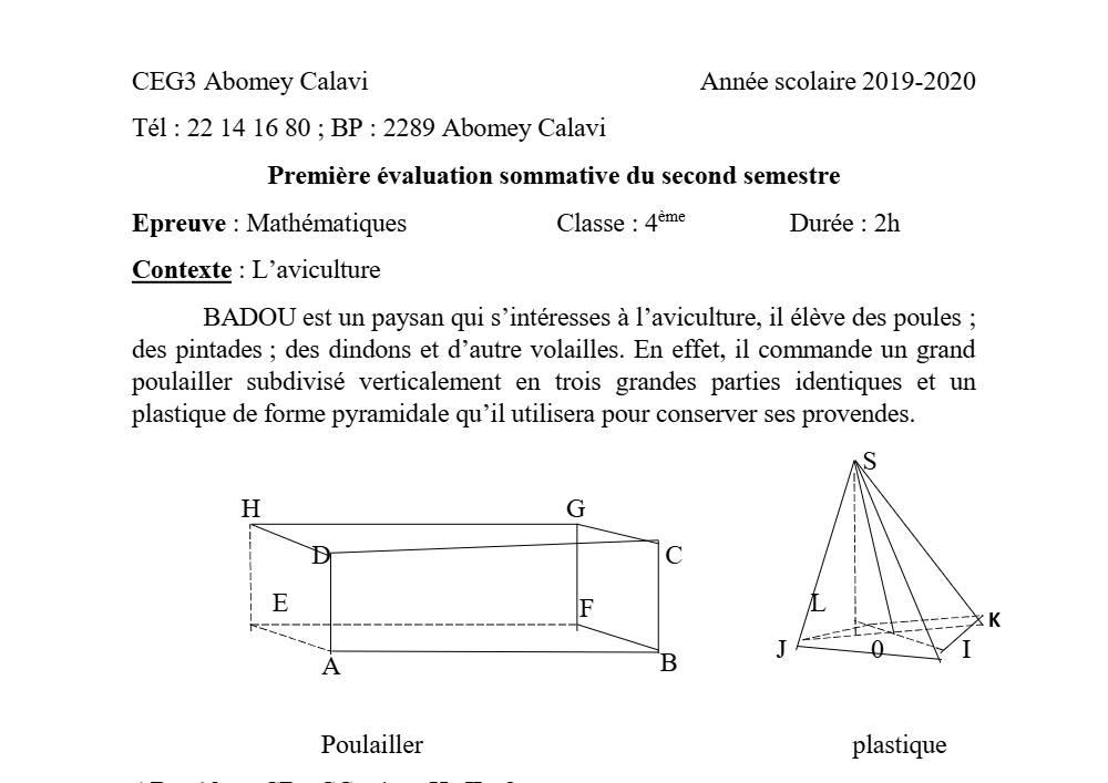 Aperçu de la première page — 4e Mathématiques 1er Devoir 2ème Semestre CEG3 Abomey Calavi 2019 2020