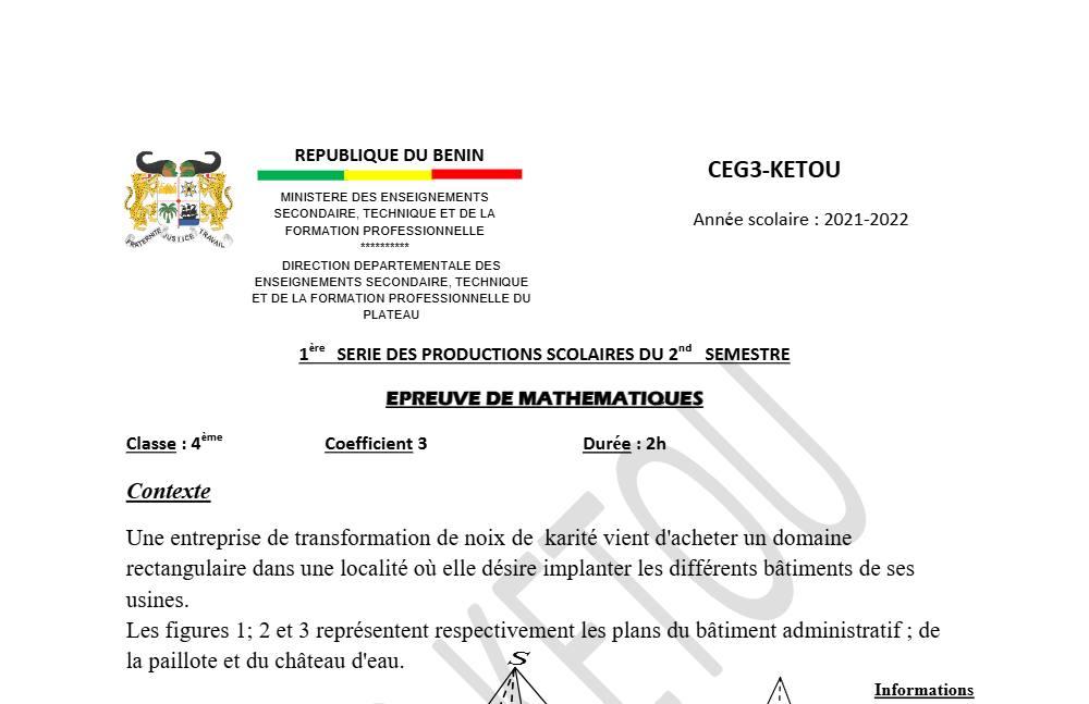 Aperçu de la première page — 4e Mathématiques 1er Devoir 2ème Semestre CEG3 Ketou 2021 2022
