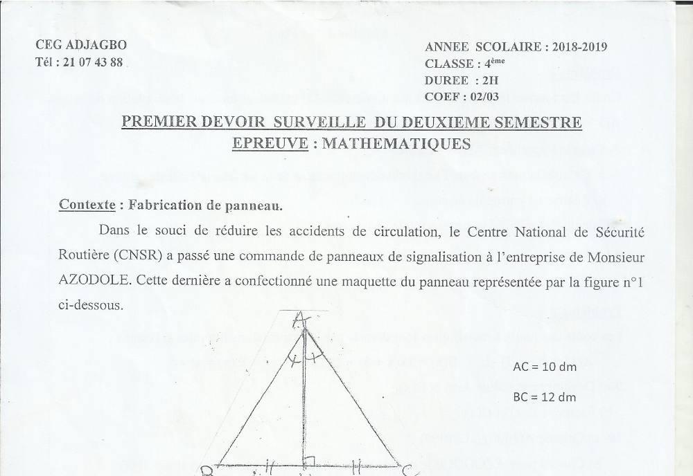 Aperçu de la première page — 4e Mathématiques 1er Devoir 2ème Semestre CEG Adjagbo 2018 2019