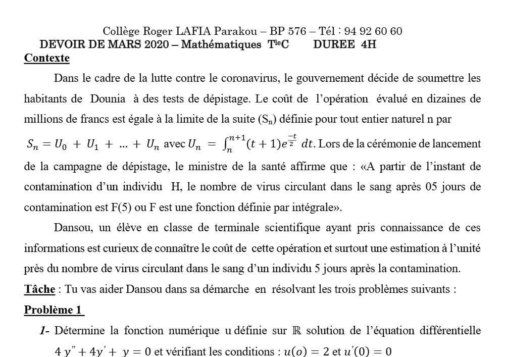 Aperçu de la première page — Mathématiques Tle C Devoir Surveillé (Mars 2020) Collège Roger Lafia Parakou 2019 2020
