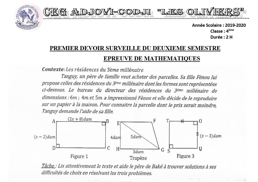 Aperçu de la première page — 4e Mathématiques 1er Devoir 2ème Semestre CEG Adjovi Codji 2019 2020