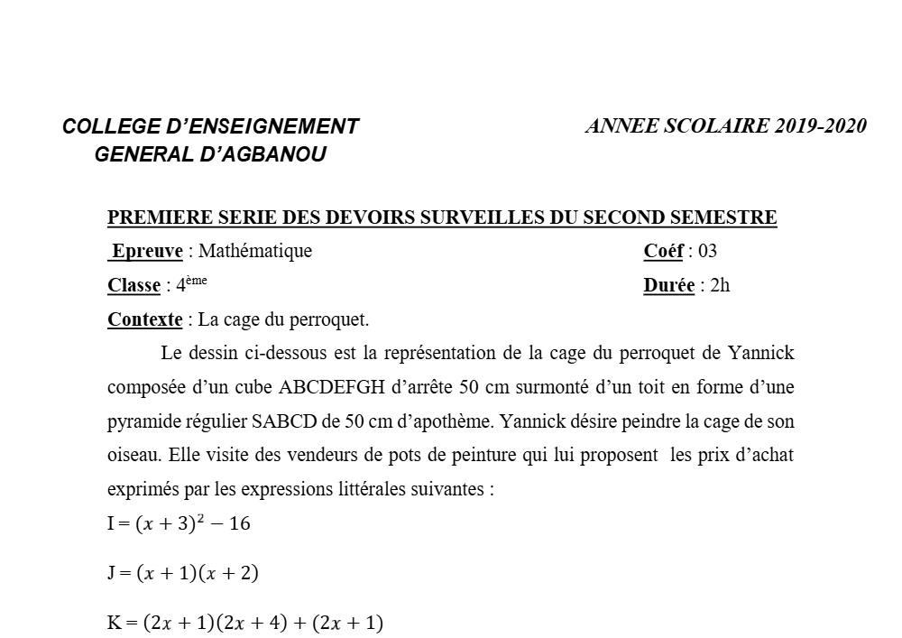 Aperçu de la première page — 4e Mathématiques 1er Devoir 2ème Semestre CEG Agbanou 2019 2020