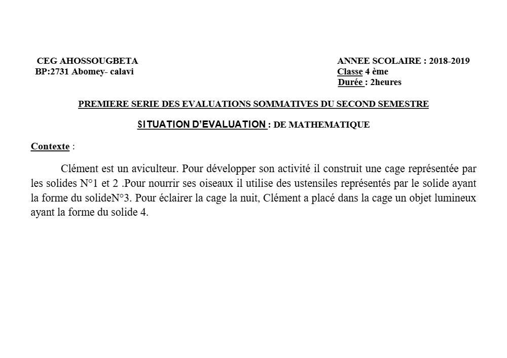 Aperçu de la première page — 4e Mathématiques 1er Devoir 2ème Semestre CEG Ahossougbéta 2018 2019