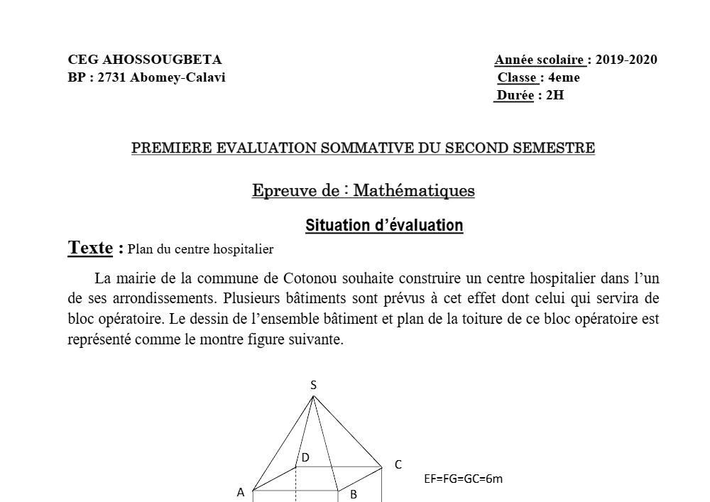 Aperçu de la première page — 4e Mathématiques 1er Devoir 2ème Semestre CEG Ahossougbéta 2019 2020