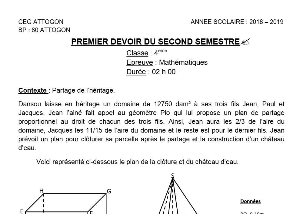 Aperçu de la première page — 4e Mathématiques 1er Devoir 2ème Semestre CEG Attogon 2018 2019