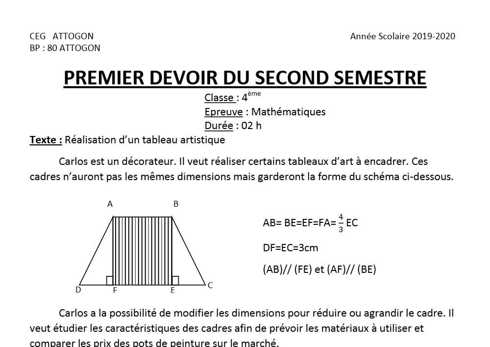 Aperçu de la première page — 4e Mathématiques 1er Devoir 2ème Semestre CEG Attogon 2019 2020