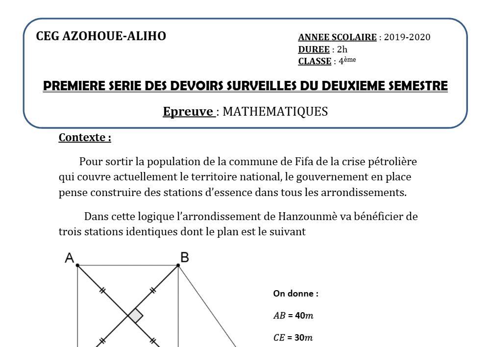Aperçu de la première page — 4e Mathématiques 1er Devoir 2ème Semestre CEG Azohoue Aliho 2019 2020