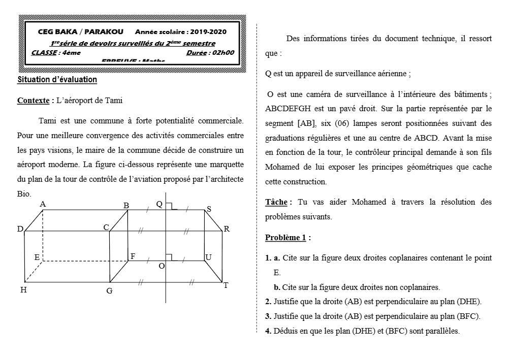 Aperçu de la première page — 4e Mathématiques 1er Devoir 2ème Semestre CEG Baka 2019 2020