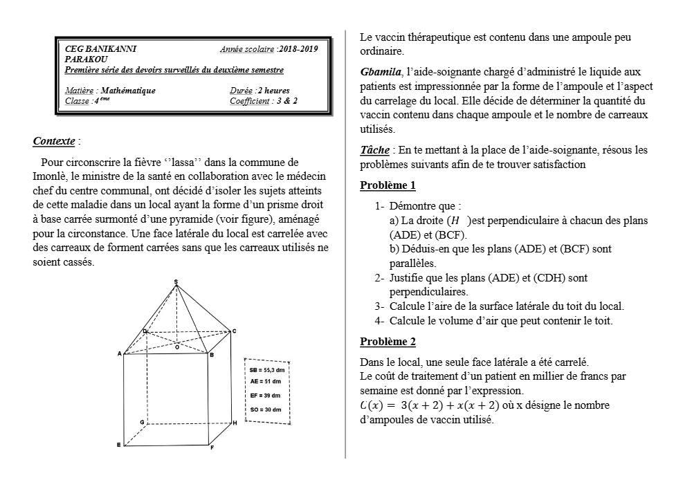 Aperçu de la première page — 4e Mathématiques 1er Devoir 2ème Semestre CEG Banikanni 2018 2019