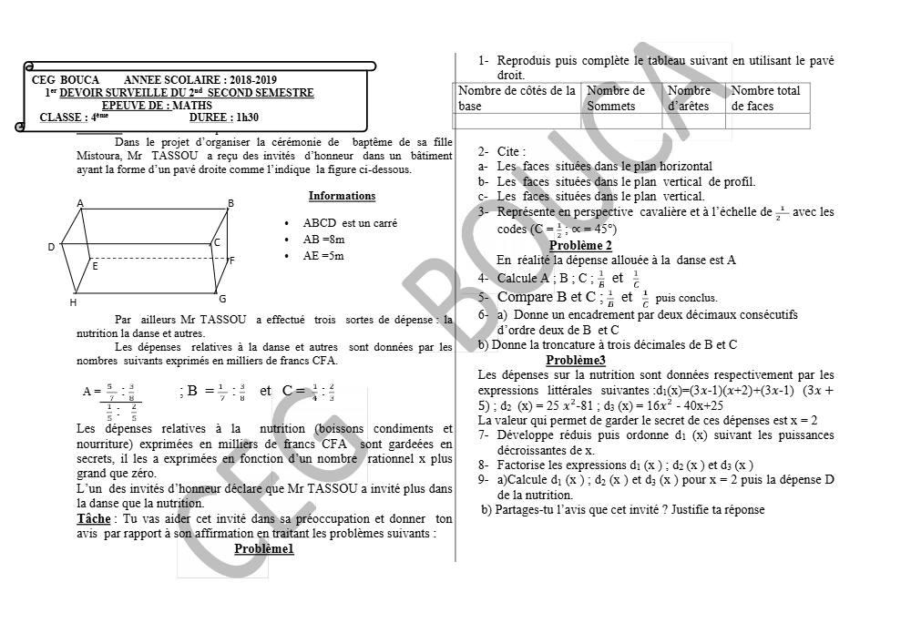 Aperçu de la première page — 4e Mathématiques 1er Devoir 2ème Semestre CEG Bouca 2018 2019