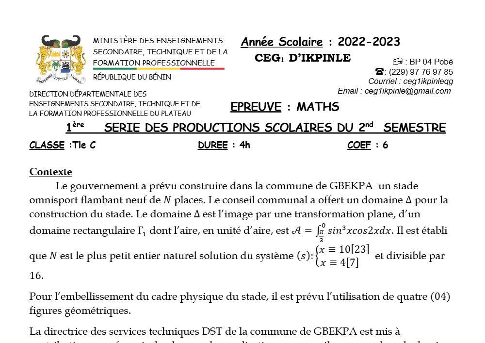 Aperçu de la première page — Mathématiques Tle C Devoir Surveillé (Mars 2023) CEG1 Ikpinlè 2022 2023