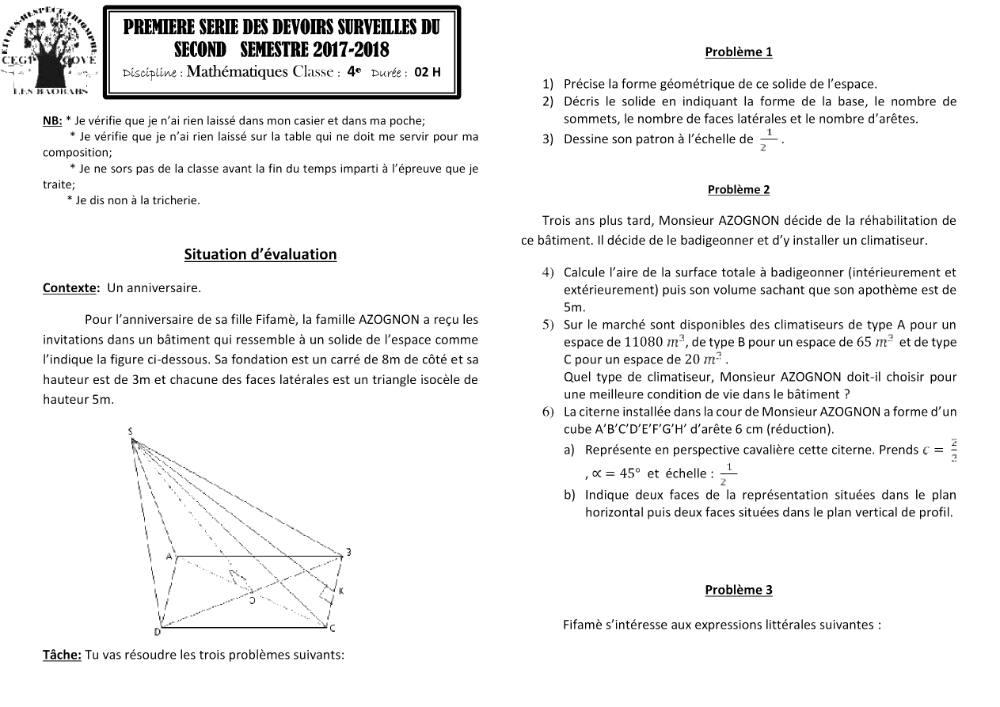 Aperçu de la première page — 4e Mathématiques 1er Devoir 2ème Semestre CEG Cove 2017 2018