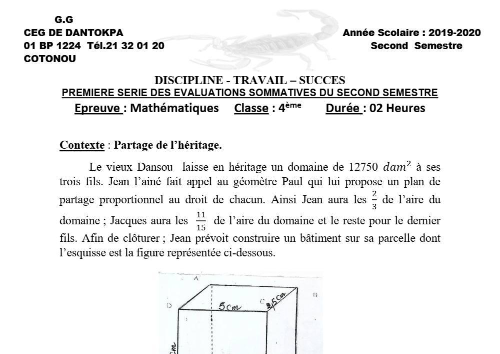 Aperçu de la première page — 4e Mathématiques 1er Devoir 2ème Semestre CEG Dantokpa 2019 2020 (2)