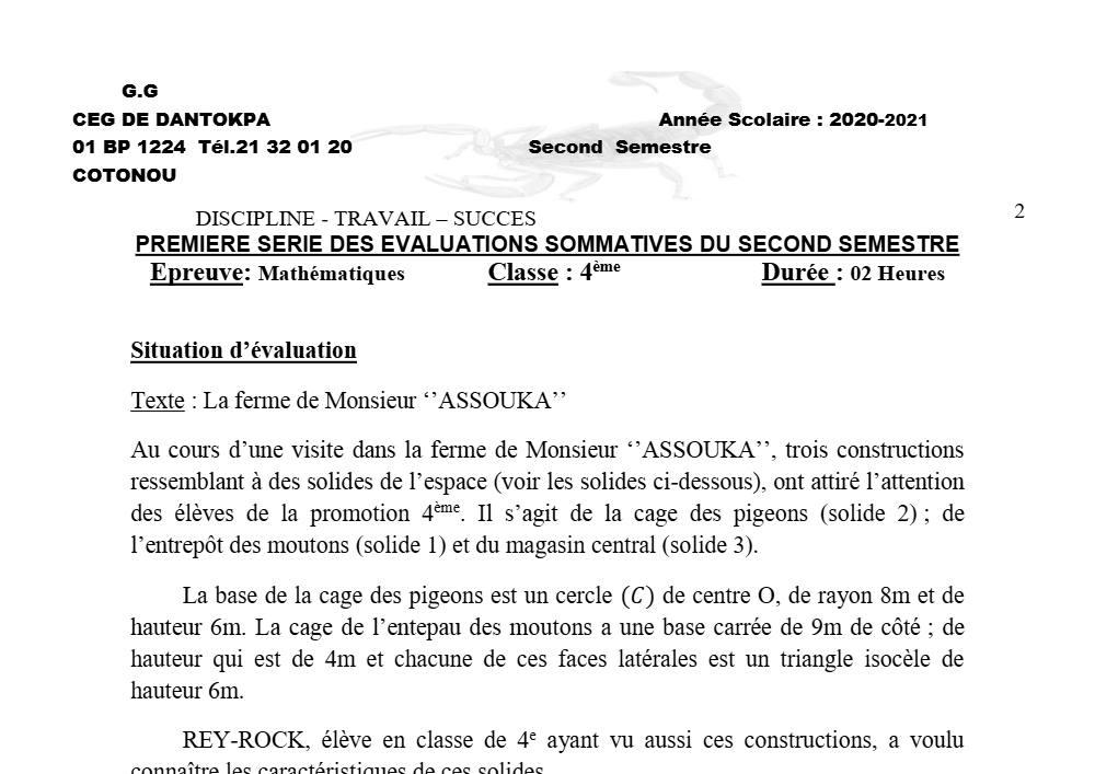 Aperçu de la première page — 4e Mathématiques 1er Devoir 2ème Semestre CEG Dantokpa 2019 2020