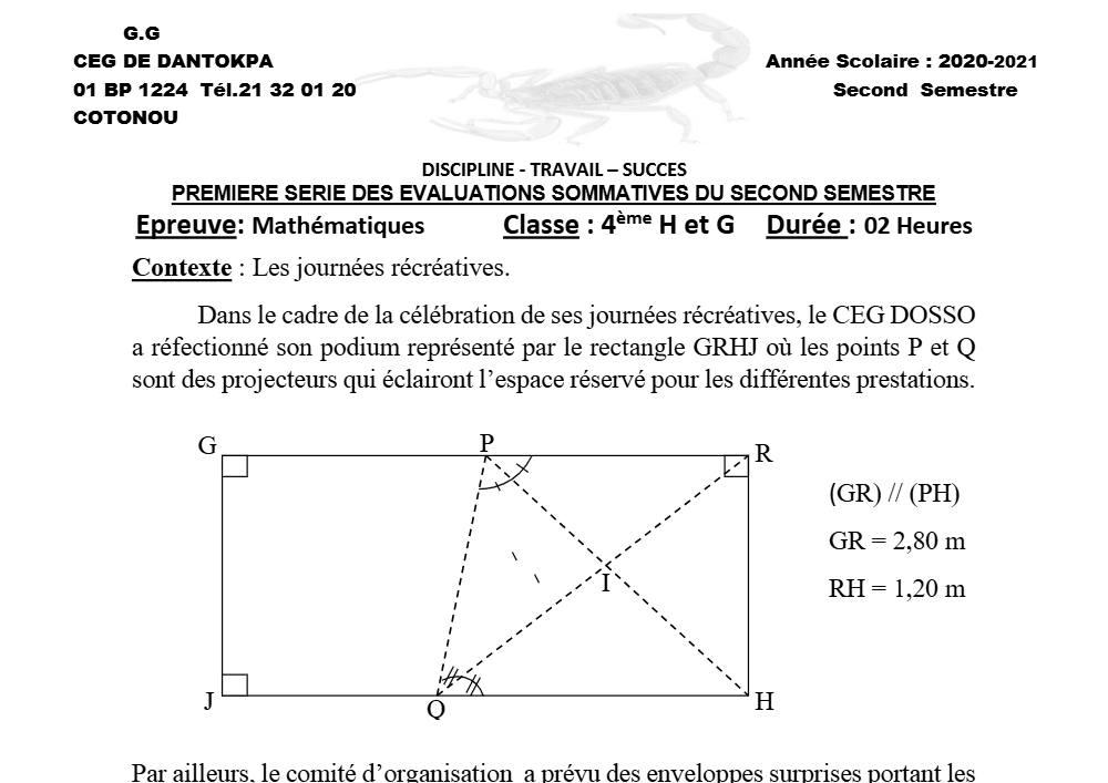 Aperçu de la première page — 4e Mathématiques 1er Devoir 2ème Semestre CEG Dantokpa 2020 2021
