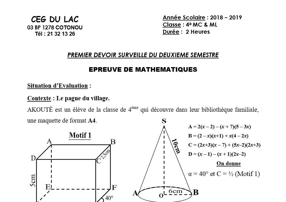 Aperçu de la première page — 4e Mathématiques 1er Devoir 2ème Semestre CEG du Lac 2018 2019