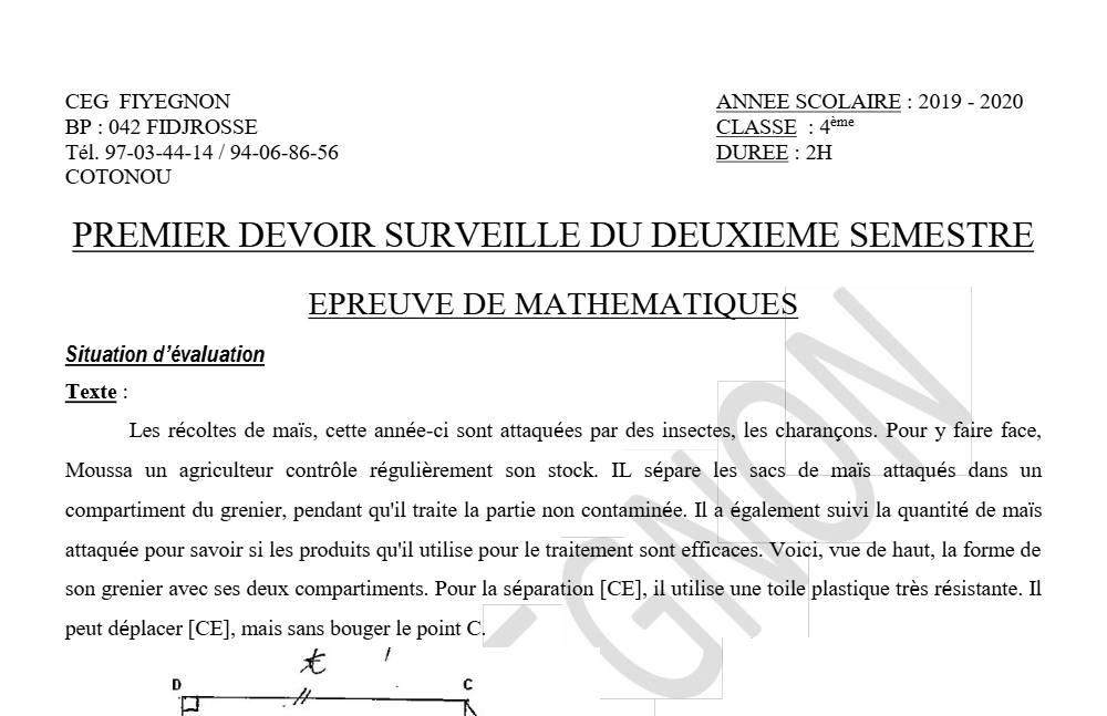 Aperçu de la première page — 4e Mathématiques 1er Devoir 2ème Semestre CEG Fiyegnon 2019 2020