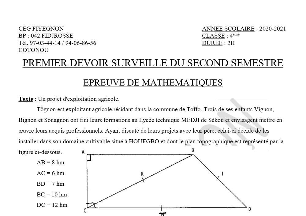 Aperçu de la première page — 4e Mathématiques 1er Devoir 2ème Semestre CEG Fiyegnon 2020 2021