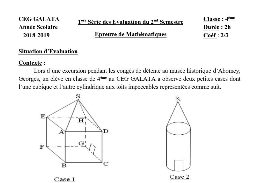 Aperçu de la première page — 4e Mathématiques 1er Devoir 2ème Semestre CEG Galata 2018 2019