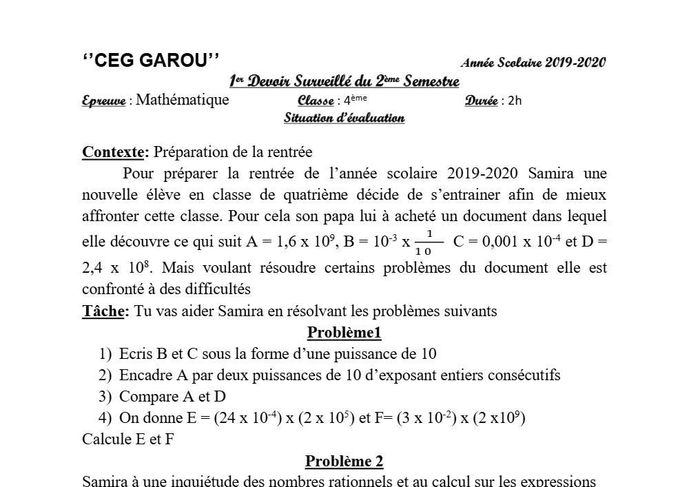 Aperçu de la première page — 4e Mathématiques 1er Devoir 2ème Semestre CEG Garou 2019 2020