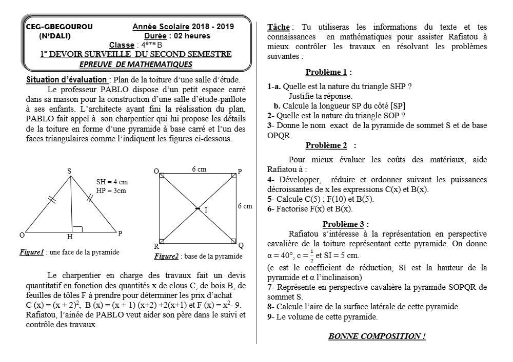 Aperçu de la première page — 4e Mathématiques 1er Devoir 2ème Semestre CEG Gbegourou 2018 2019