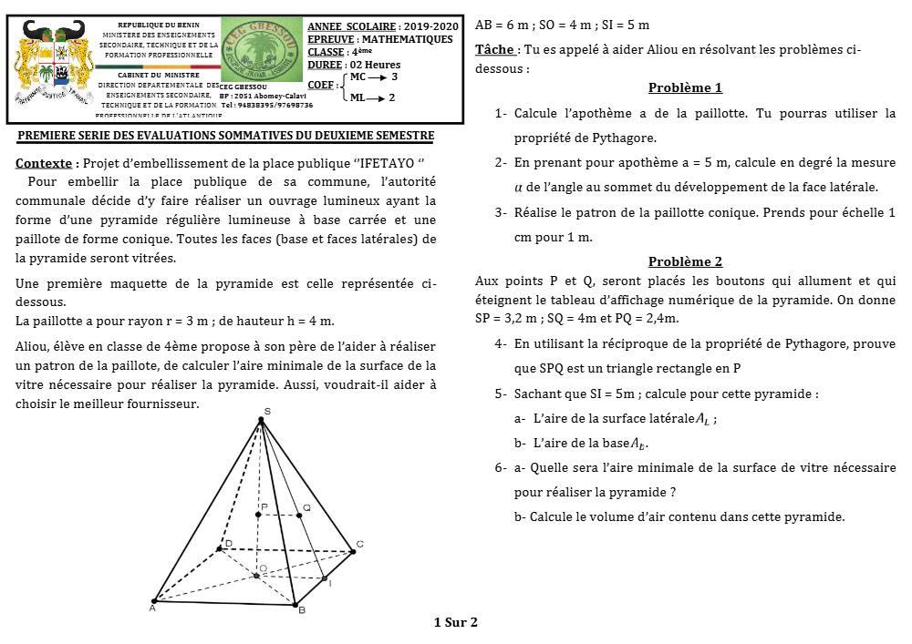 Aperçu de la première page — 4e Mathématiques 1er Devoir 2ème Semestre CEG Gbessou 2019 2020