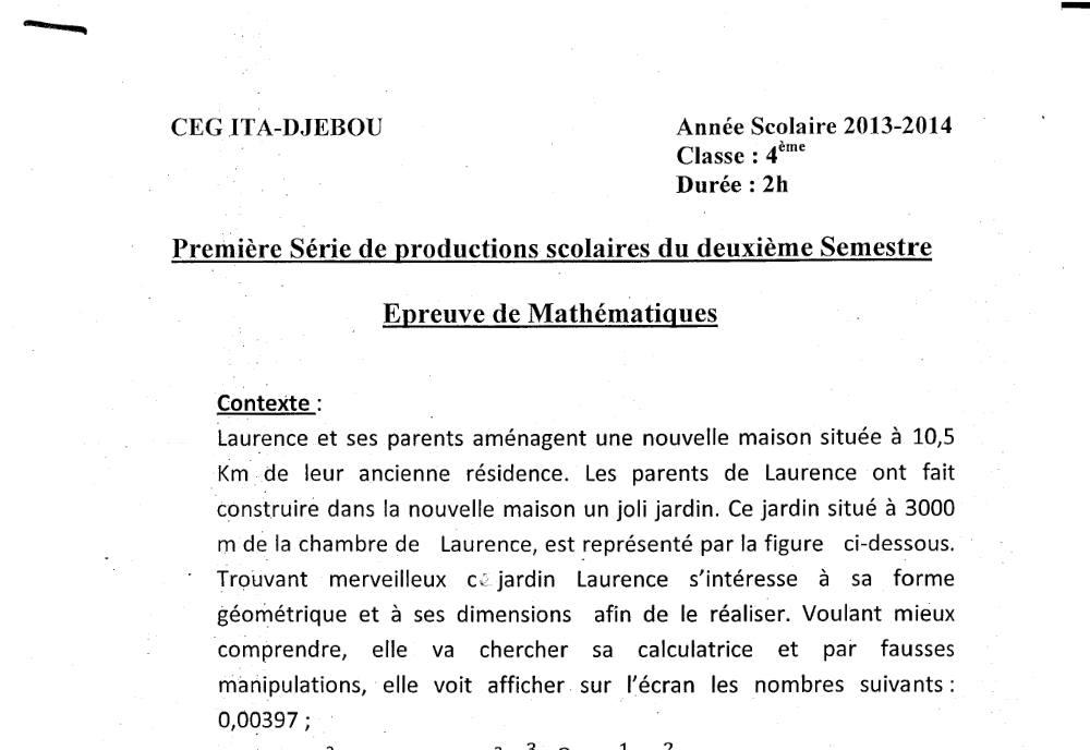 Aperçu de la première page — 4e Mathématiques 1er Devoir 2ème Semestre CEG Ita Djebou 2013 2014