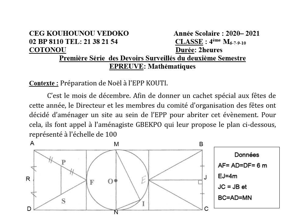 Aperçu de la première page — 4e Mathématiques 1er Devoir 2ème Semestre CEG K Vedoko 2020 2021