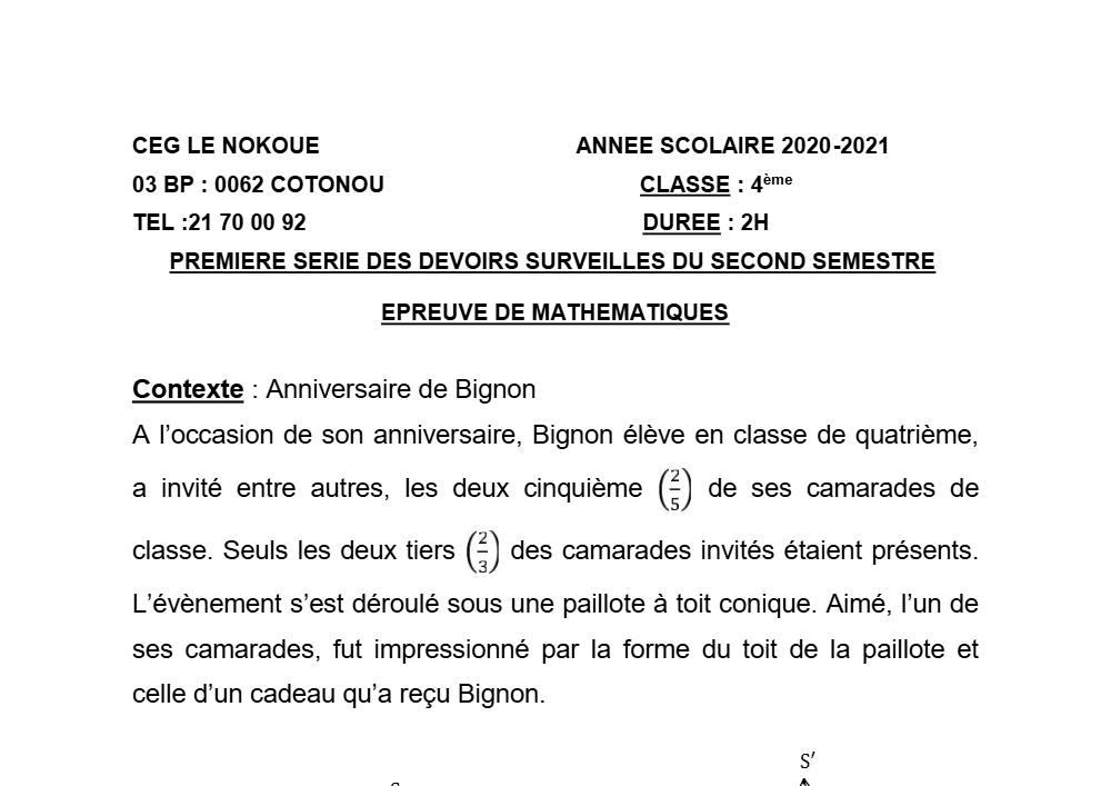Aperçu de la première page — 4e Mathématiques 1er Devoir 2ème Semestre CEG Le Nokoué 2020 2021