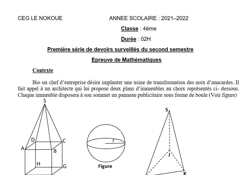 Aperçu de la première page — 4e Mathématiques 1er Devoir 2ème Semestre CEG Le Nokoué 2021 2022