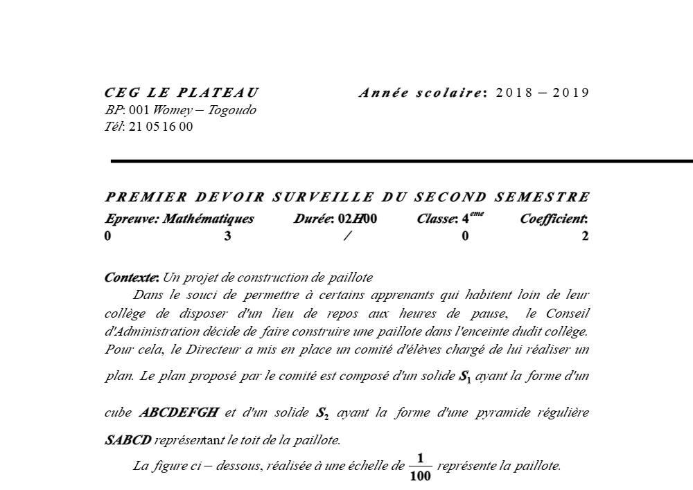 Aperçu de la première page — 4e Mathématiques 1er Devoir 2ème Semestre CEG Le Plateau 2018 2019
