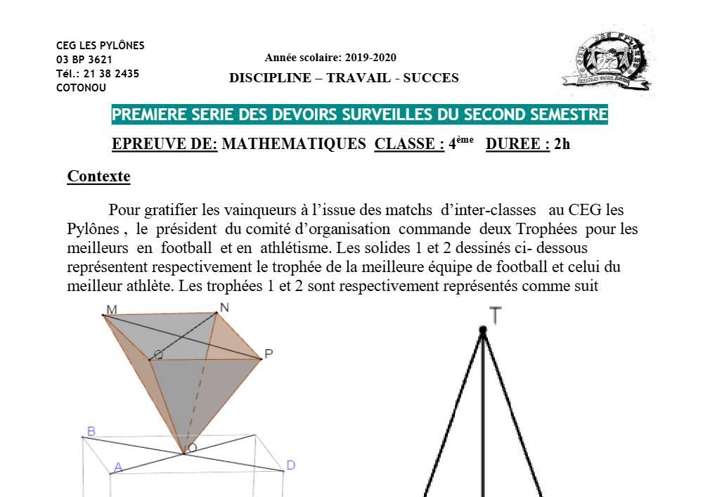Aperçu de la première page — 4e Mathématiques 1er Devoir 2ème Semestre CEG Les Pylônes 2019 2020
