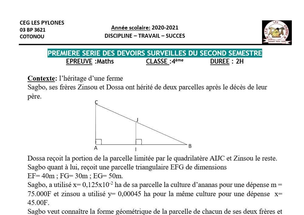 Aperçu de la première page — 4e Mathématiques 1er Devoir 2ème Semestre CEG Les Pylônes 2020 2021