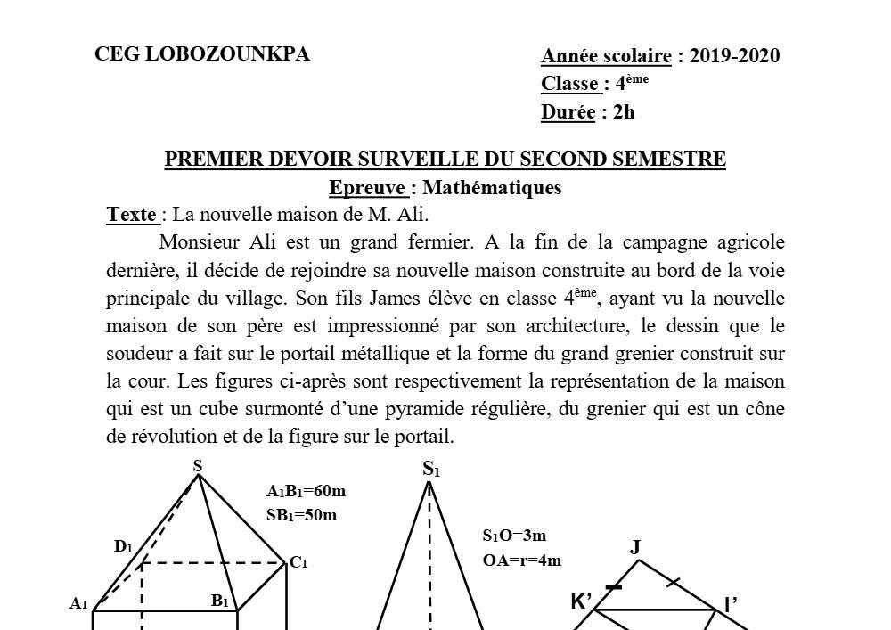 Aperçu de la première page — 4e Mathématiques 1er Devoir 2ème Semestre CEG Lobozounkpa 2019 2020