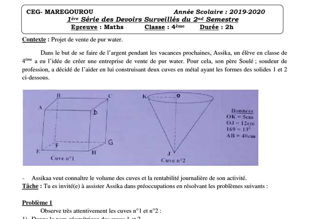 Aperçu de la première page — 4e Mathématiques 1er Devoir 2ème Semestre CEG Maregourou 2019 2020