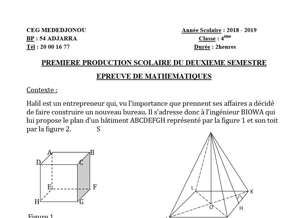 Aperçu de la première page — 4e Mathématiques 1er Devoir 2ème Semestre CEG Mededjonou 2018 2019