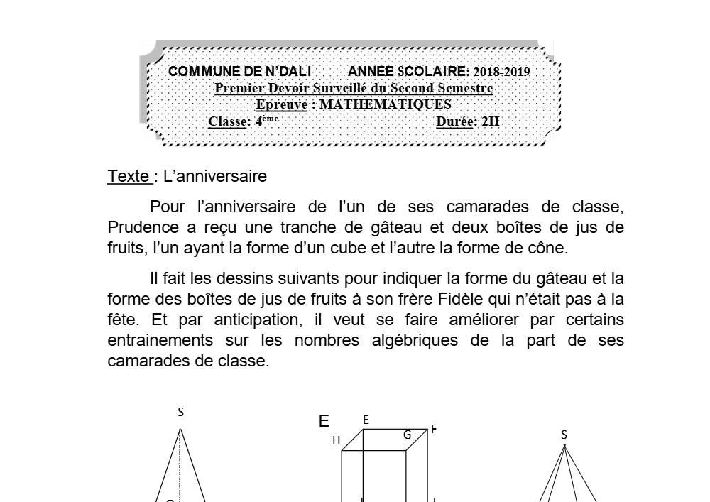 Aperçu de la première page — 4e Mathématiques 1er Devoir 2ème Semestre CEG N'Dali 2018 2019