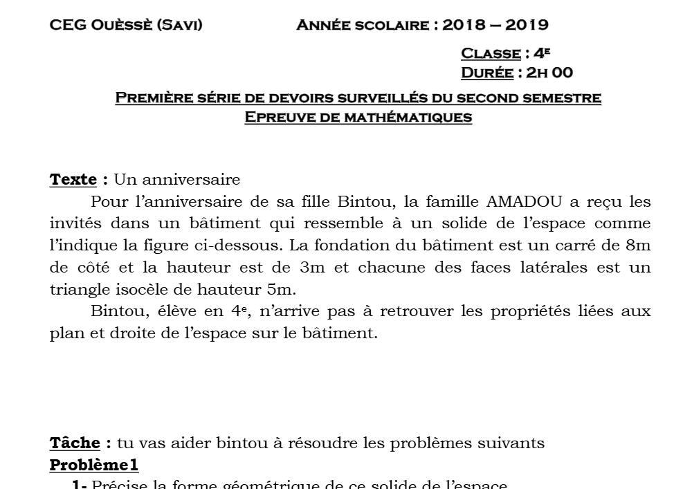 Aperçu de la première page — 4e Mathématiques 1er Devoir 2ème Semestre CEG Ouesse 2018 2019