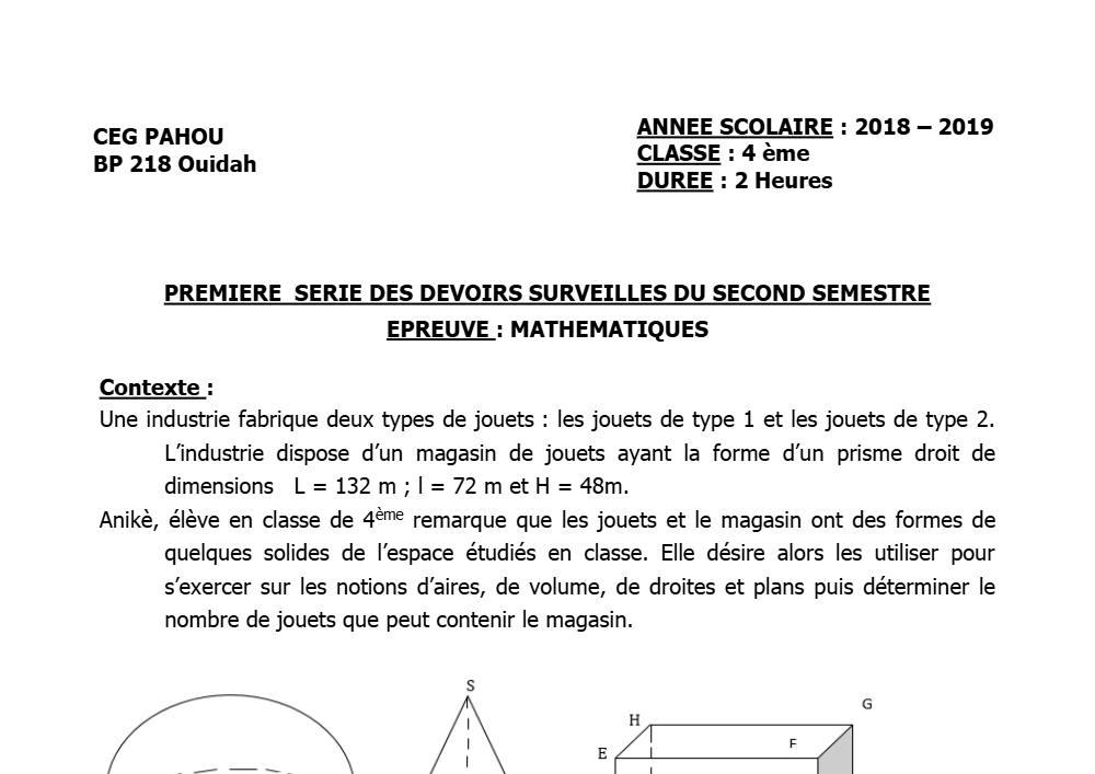Aperçu de la première page — 4e Mathématiques 1er Devoir 2ème Semestre CEG Pahou 2018 2019